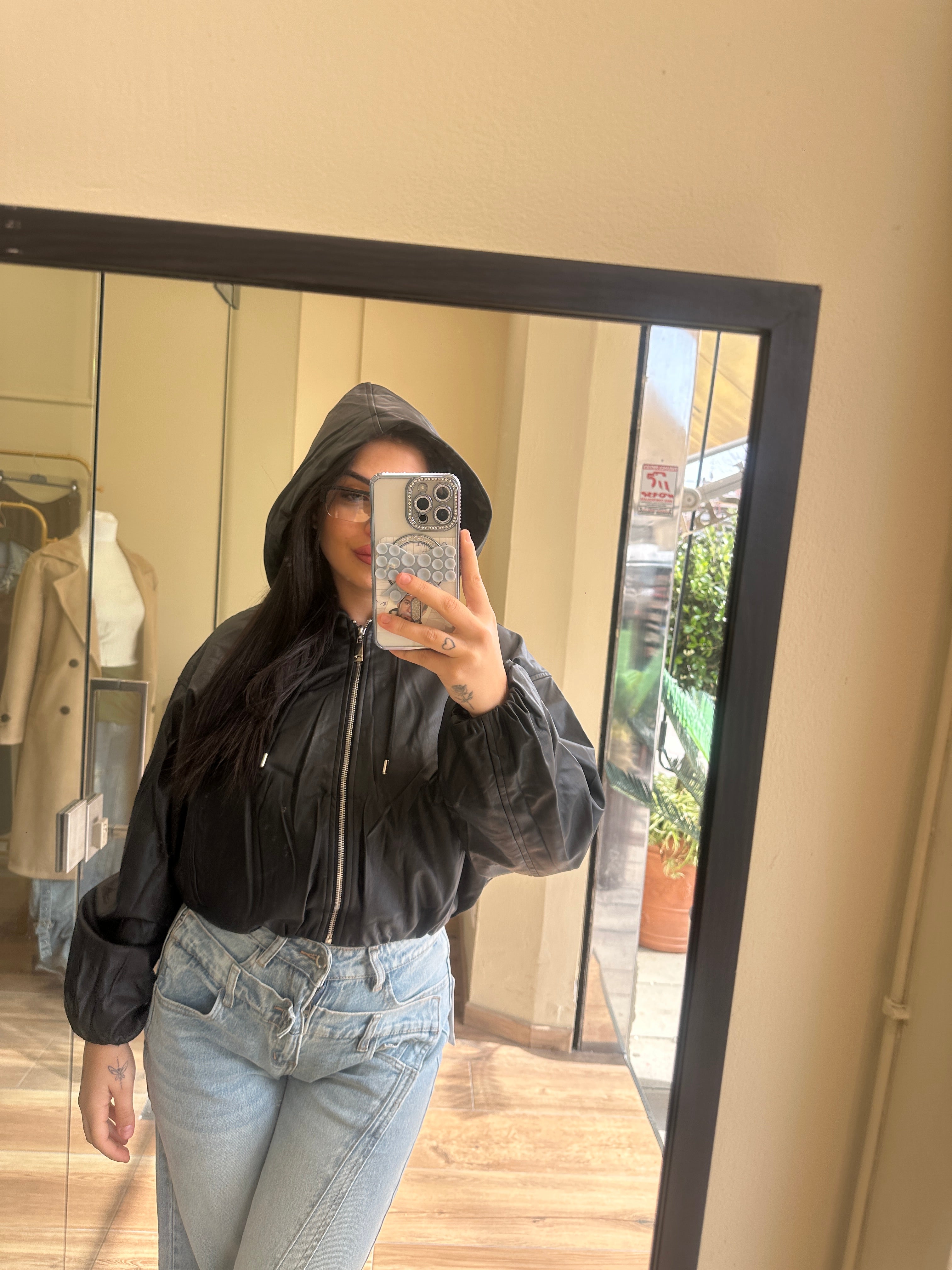 Bomber pelle con cappuccio